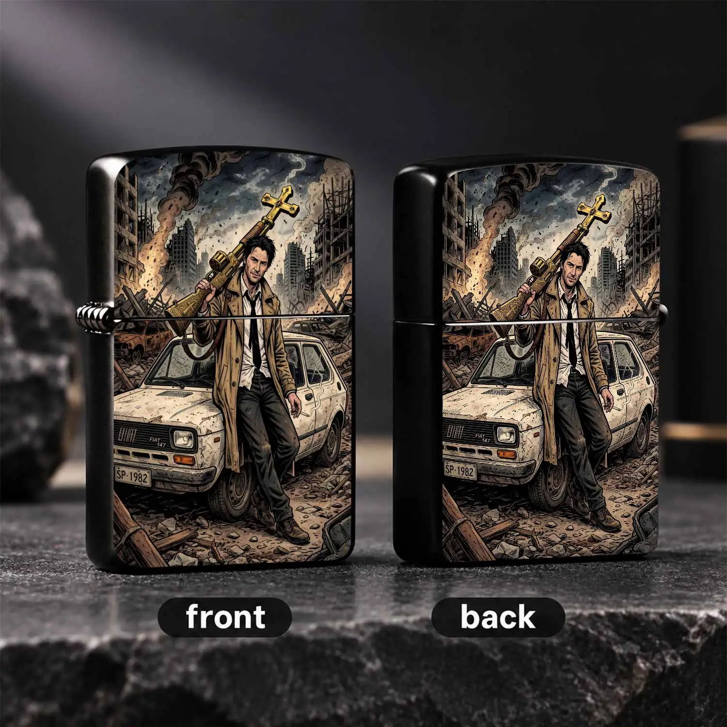 English: Creative Post-Apocalyptic Themed Portable , Retro Comic Style Ruined City Artistic Trendy Piece, Suitable For All Daily Scenarios, Ideal Unique Gift For Friends And Hobbyists For Collection, Practical Decorative Carry-On Accessory