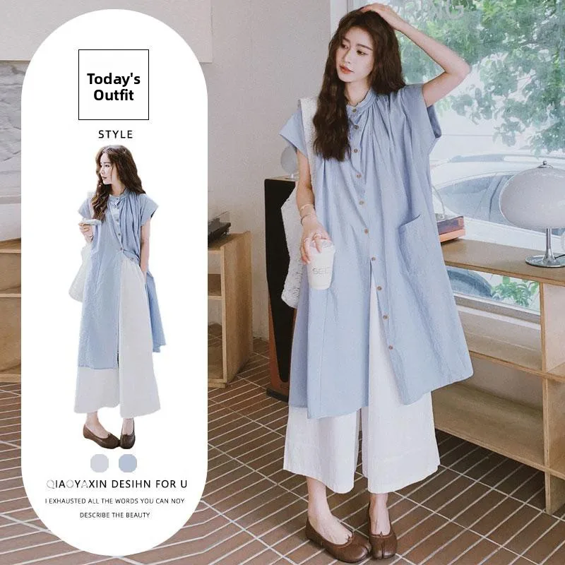 Slimming Effect Summer Fashion Shirt Dress And Wide Leg Pants Two Piece Set for Women Elegant Layering Ensemble