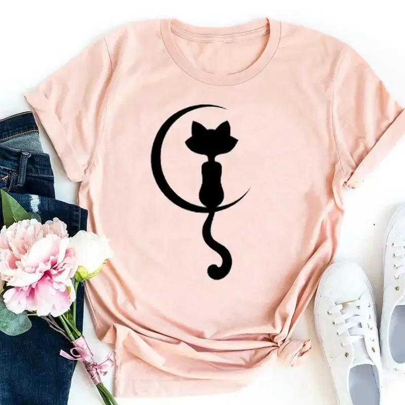 

Summer Fashion Lady Tshirt T-Shirt Watercolor Cat Sweet Geometric Short Sleeve Women Tops Clothes Tees Female Ladies