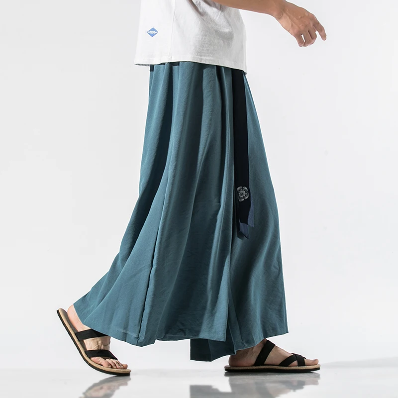 Summer Men Wide Leg Pants Mens Cotton Linen Retro Trousers Man Chinese Style Hanfu Pants Male Big Crotch Nepal Robe Pants