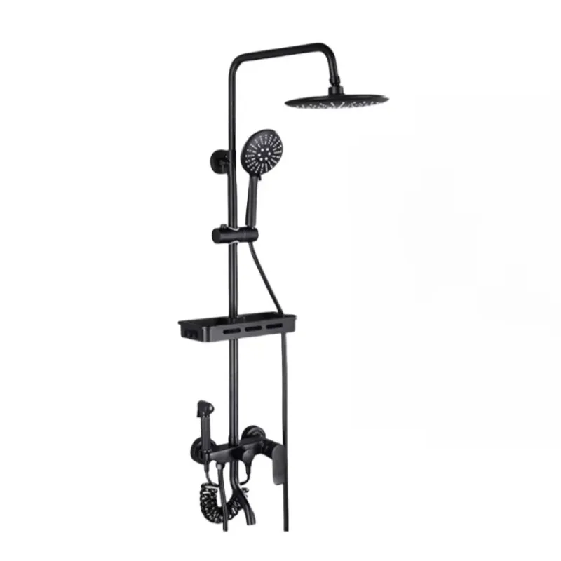 Economic Matte Black Rainfall Shower Column Set With Shower Head Modern Four Function Brass Shower Set With Storage