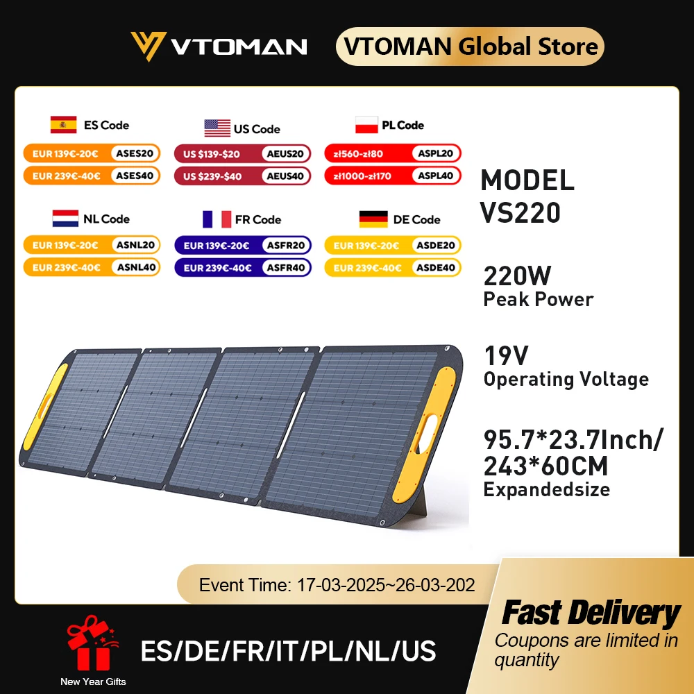 VTOMAN VS220 Rigid Foldable Solar Panel High Efficience Travel & Phone & Boat Portable 19V 220W Solar Panel Kit