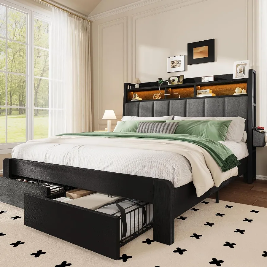 Bed Frame With 2 Storage Drawers For Bedroom Use Made Of Engineered Wood In White Color Features Easy Assembly And Space Saving