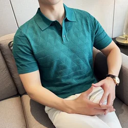 Men's Polo Shirt 2024 Summer New Ice Silk Thin Solid Knitted Jacquard Short Sleeve Flip Collar T-shirt Casual Men's Clothing