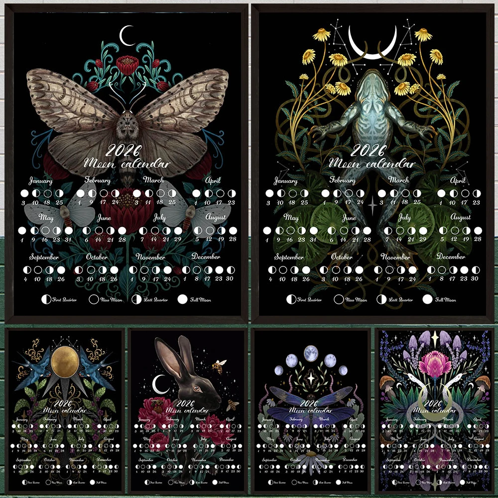 Moth & Snake & Frog & Rabbit And 2026 Lunar Phase Calendar Wall Art ,2026 Dark Forest Moon Calendar Celestial Astrology Poster