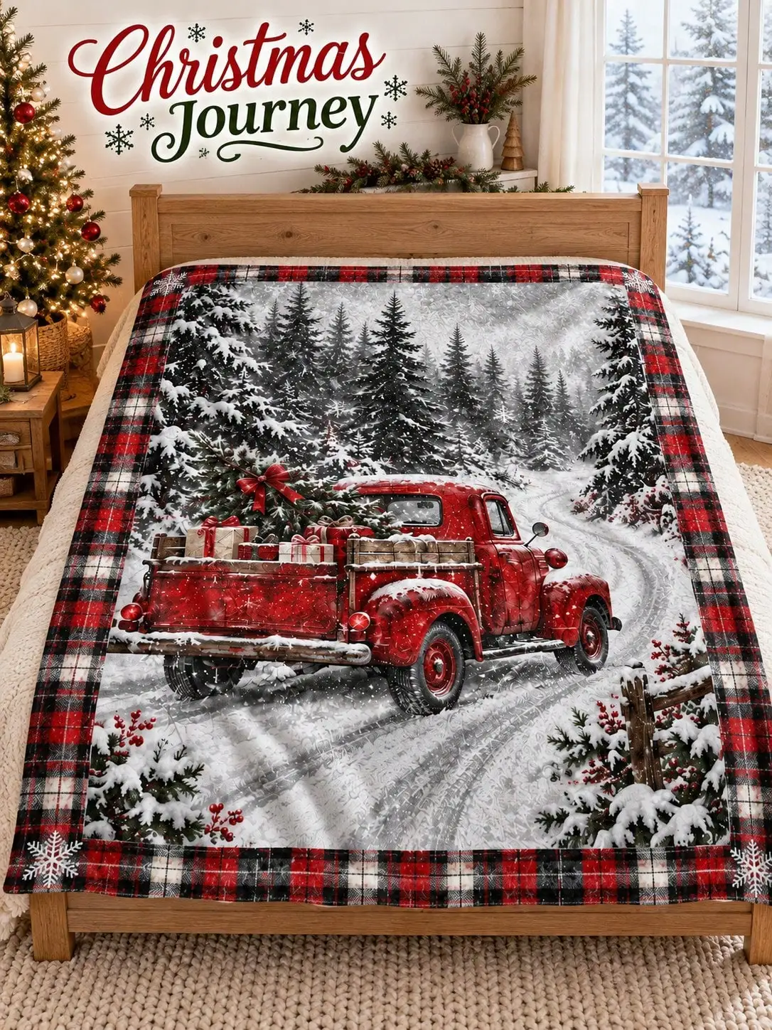 Christmas Flannel Blankets & Throws Pickup Truck Pine Forest Snow Plaid Border Illustration for Sofa Bed Couch Bedroom Living Room Reading Nook Office Lounge Dorm Camper Nap Cabin Home Decor Gifts Family Friends Thanksgiving Birthday Anniversary