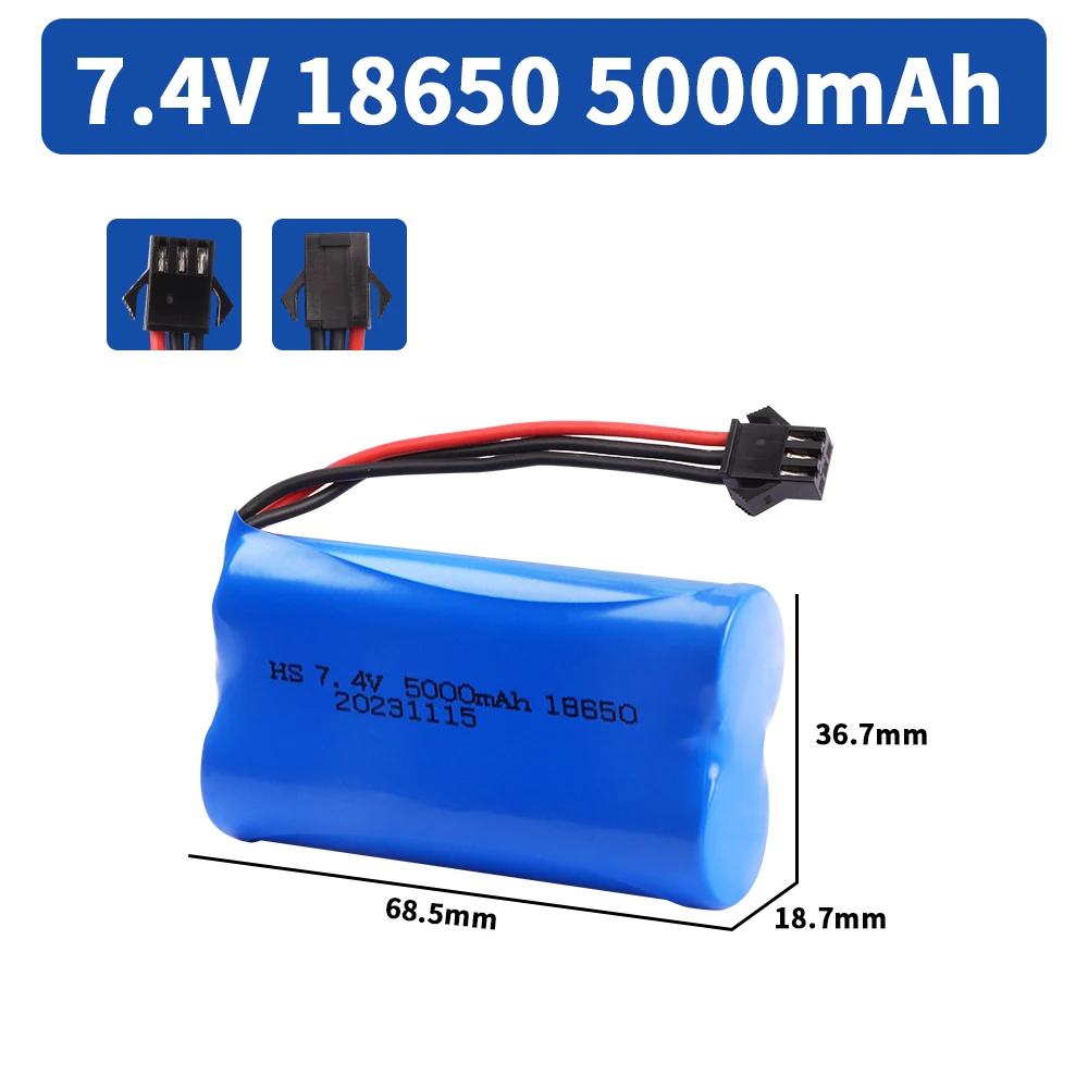 Batería lipo de 7,4 V, 5000mAh, 18650 + cargador para MN128, reloj de coche, detección de gestos, torcido, RC, camiones acrobáticos, barcos, piezas de juguetes, batería