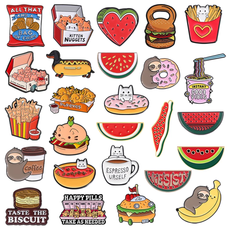 High-calorie Food Enamel Pins Hotdog Dachshund French Fries Donuts Chicken Nuggets Cute Animal Brooches Lapel Badge Jewelry Gift