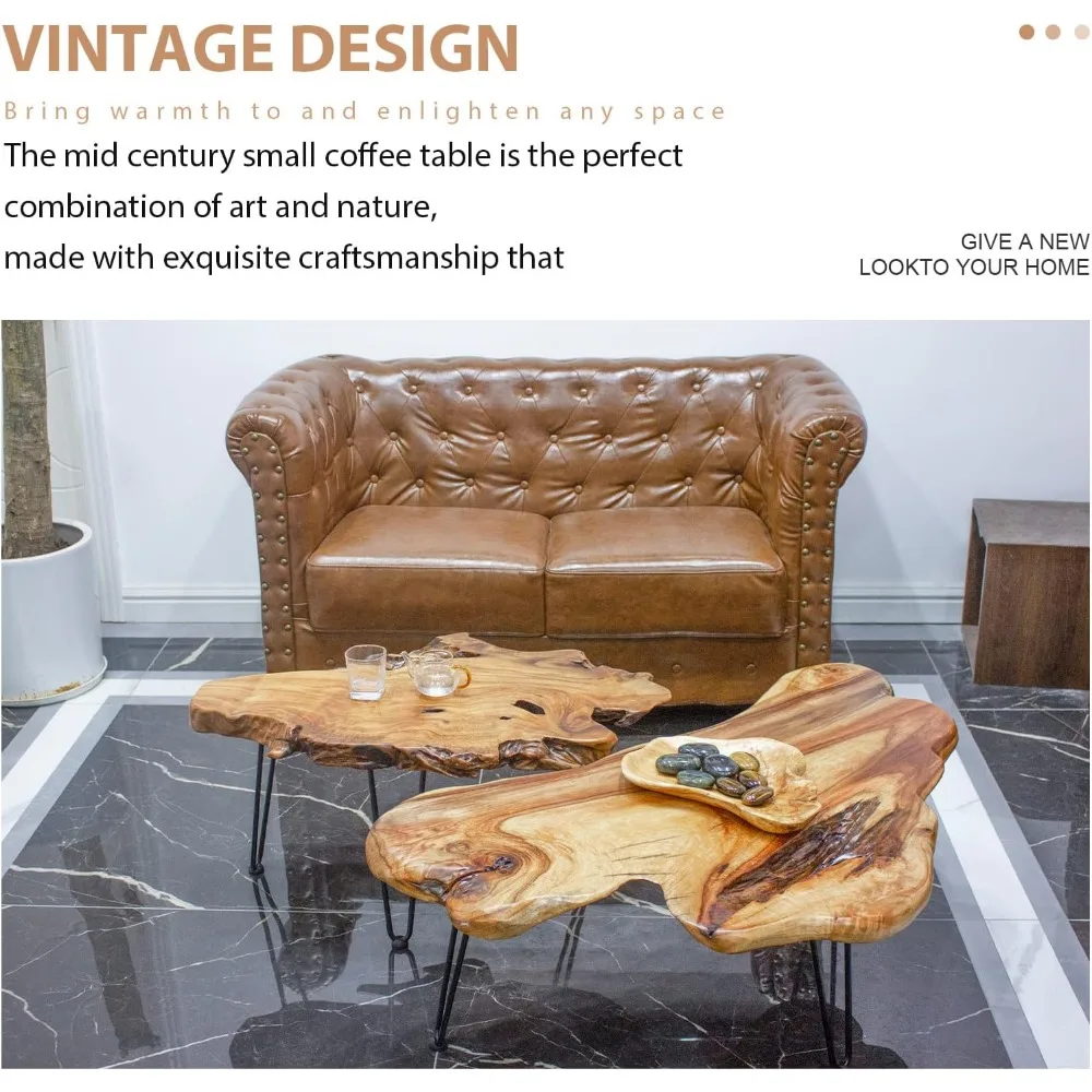 Table basse en bois naturel avec finition laquée transparente et pieds en épingle à cheveux en métal pour salon, 16 po de haut, Mesa de Centro 138 Sala