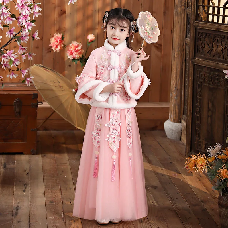 Hanfu – Costume Cheongsam pour filles, vêtements de Festival de printemps, d'hiver, Robe épaisse chaude, robes roses pour enfants