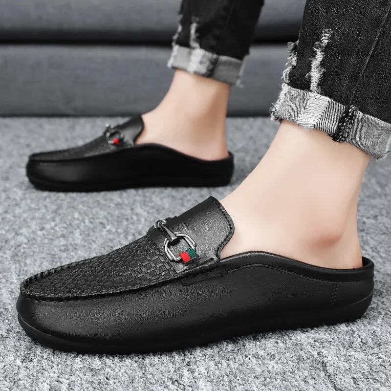 High Quality Fashion Men Genuine Leather Shoes Comfortable Soft Half Slippers Flats Casual Slip-on Loafers Work Driving Shoes