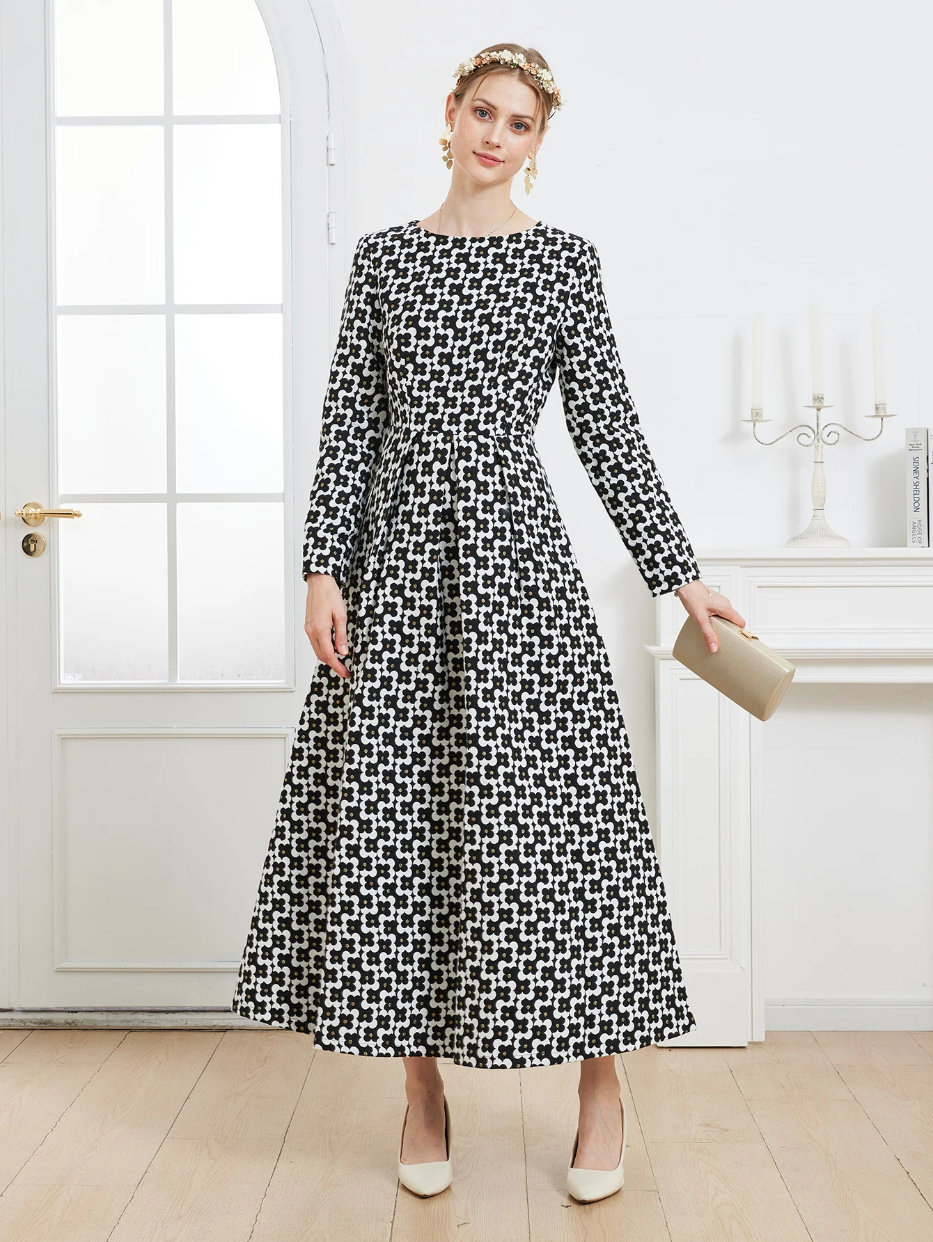 DEVCHATA Luxury Women Vintage Gold Thread Jacquard  Long Sleeve Dress Fashion Spring Autumn Floral Ladies Party dresses Clothing