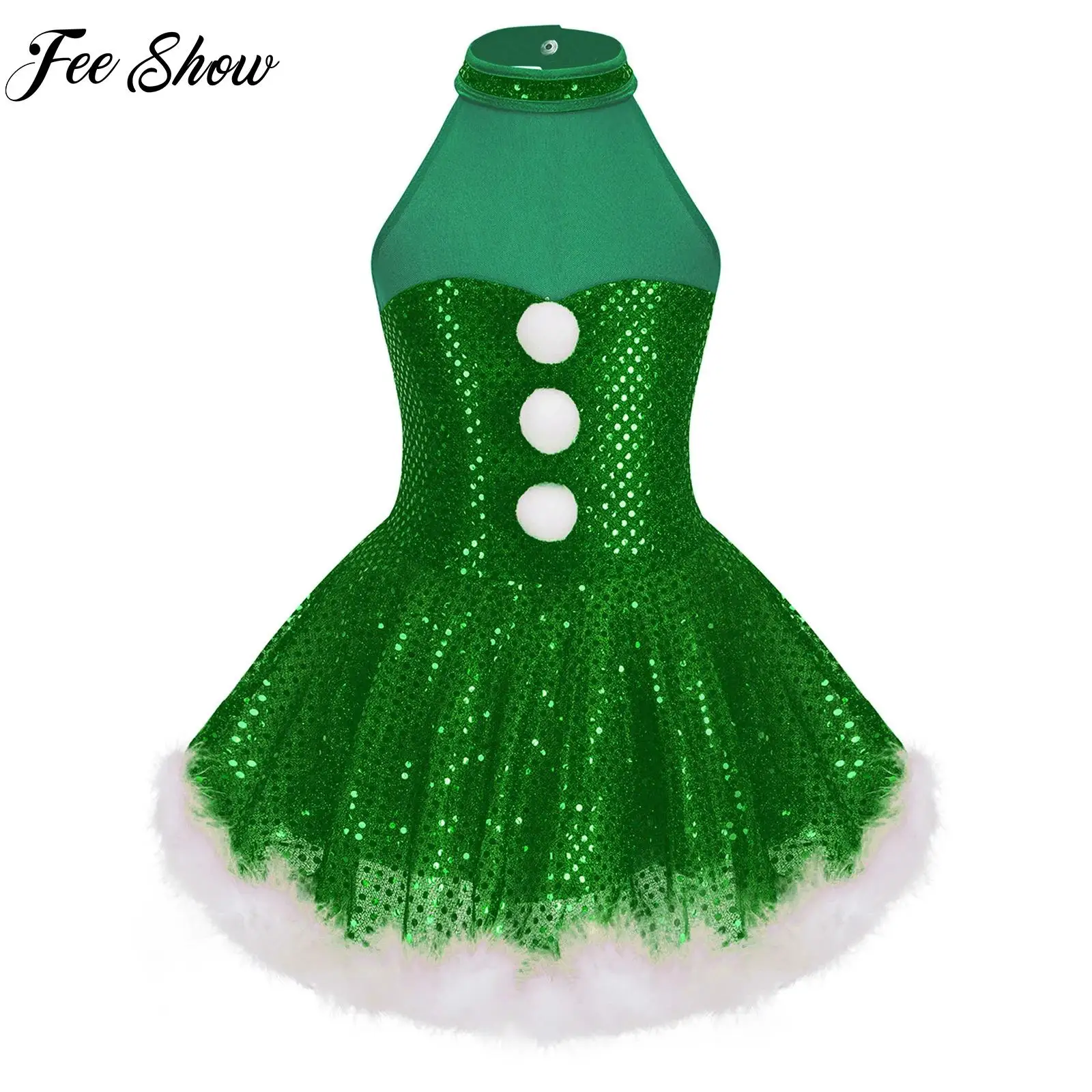 

Green Girls Christmas Dress Snowman Costume Sleeveless Mesh Splice Caged Back Sequins Ice Skating Fancy Dress Xmas Party Costume