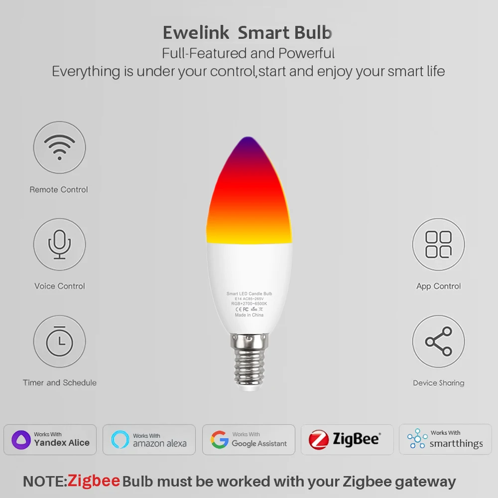 Lampa Led typu Zigbee RGBCW Ewelink E14 inteligentna żarówka światła Led na Wifi działa z Alexa Amazon Google Home Yandex Alice Smartthings