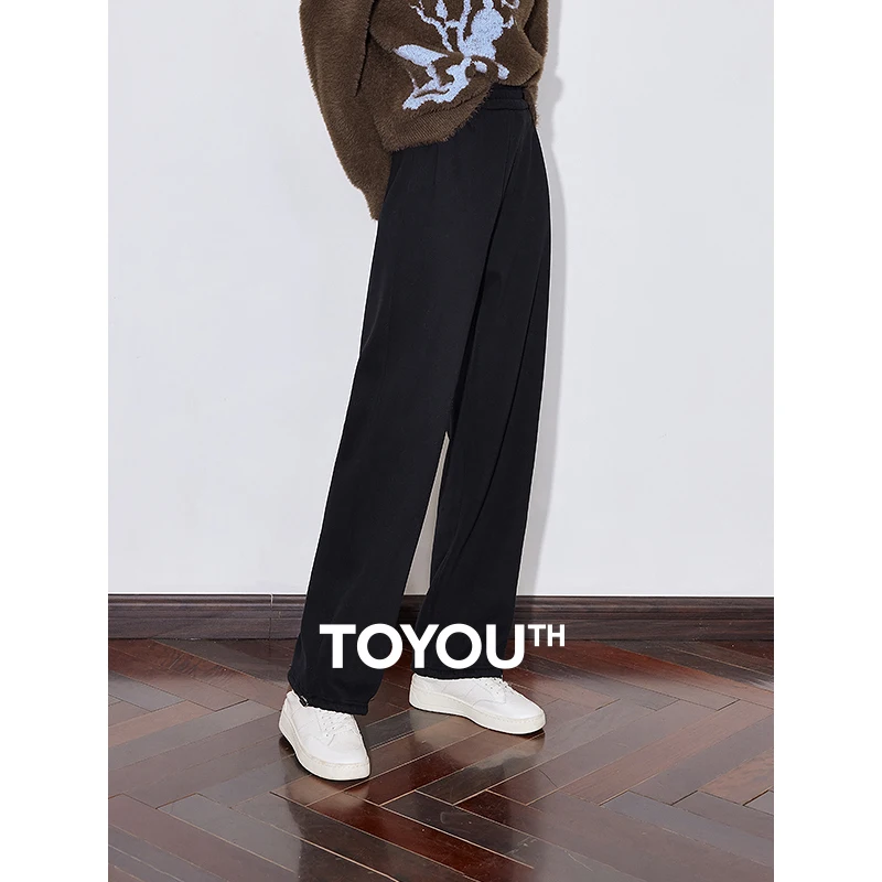 

TOYOUTH Women Fleece Casual Pants 2024 Autumn and Winter New Straight Wide Leg Elastic Waist Sweatpant Gray