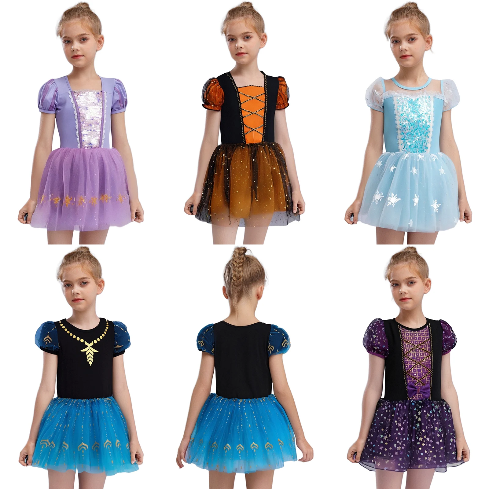 Ballet Dance Dresses for Girls Short Puff Sleeves Shiny Sequins Tulle Tutu Dress Kids Halloween Theme Party Performance Costumes