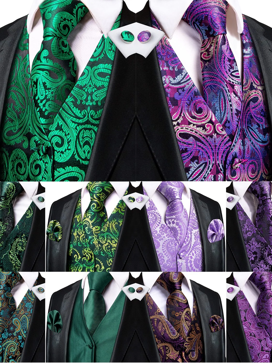 Hi-Tie – gilet Jacquard en soie pour hommes, boutons de manchette Hanky, vert menthe violet, automne printemps
