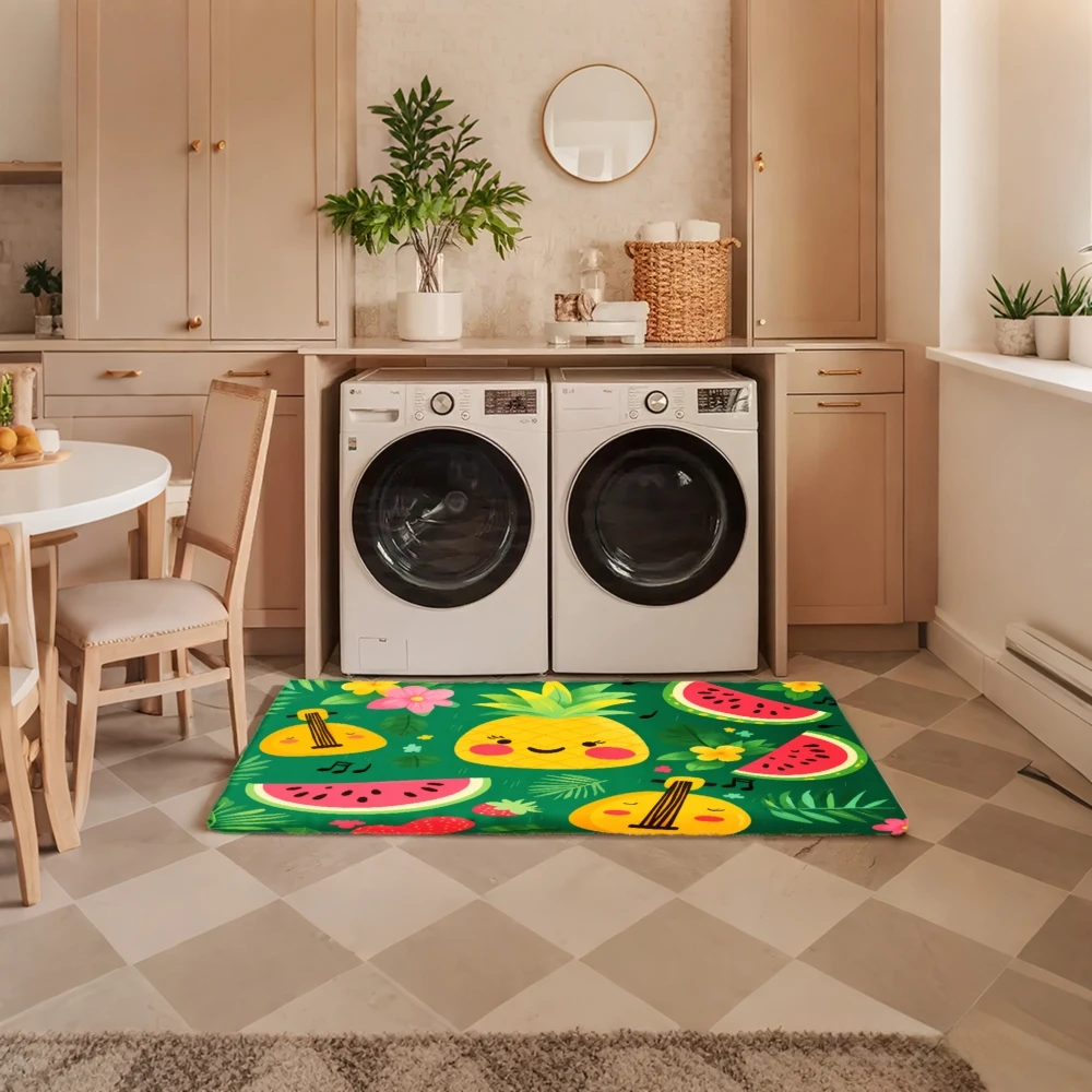 3PCS Mat Set,  Home Decoration for Front Door, Kitchen,  Watermelon Lemon Guitar Flower Leaf Pattern Kitchen Rug.