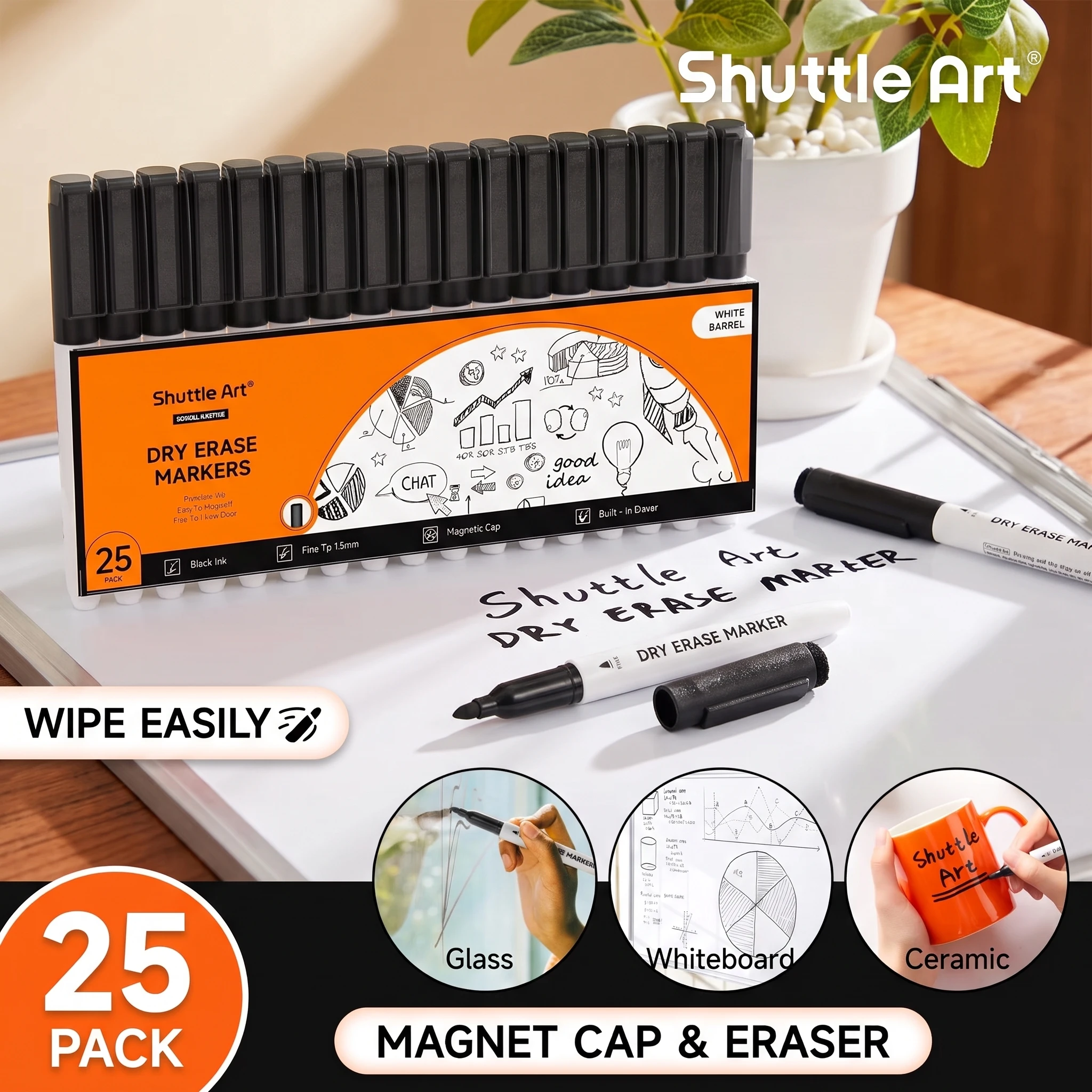 Shuttle Art Dry Erase Markers, 25 Pack Black Magnetic Whiteboard Markers with Erase, Fine Point Dry Erase Markers Perfect for Writing on Dry-Erase Whiteboards Mirrors Glasses for School Office Home