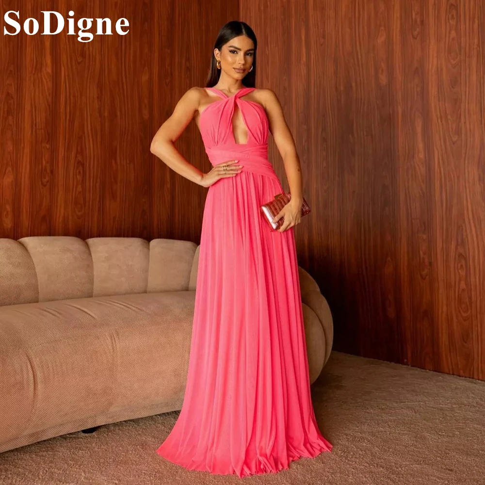 

SoDigne Pink Chiffon Evening Dresses Halter A-Line Sleeveless Pleated Backless Sexy Party Dress 2024 Special Occasion Prom Gowns