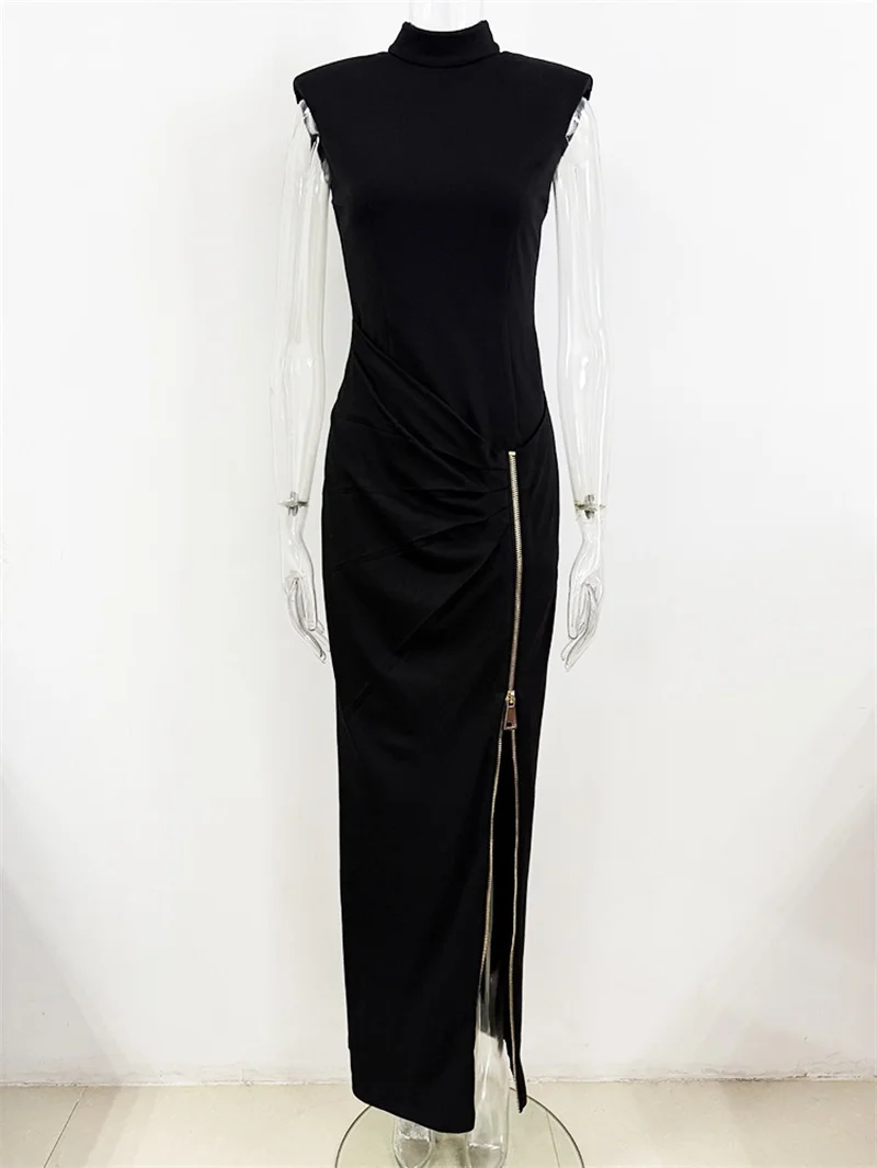 

Women's Black Sleeveless Maxi Dress Turtleneck Ruched Gown with Zipper Slit Evening Party Formal Dress Stylish Chic Bodycon Gown