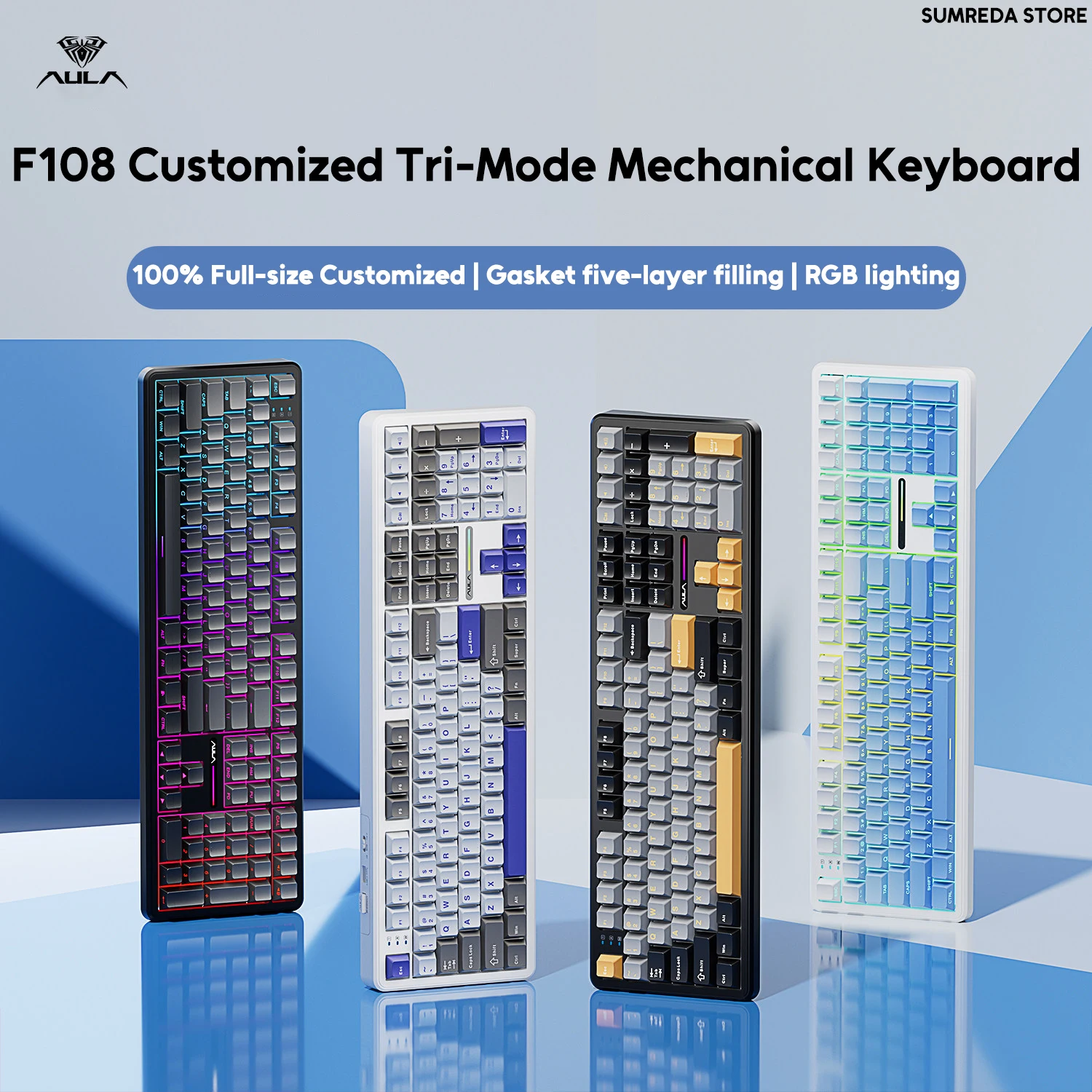 AULA F108 F108Pro Gaming Mechanical Keyboard Tri Mode RGB Customized Hotswap Gaming Keyboard With Multi-function Knob Screen