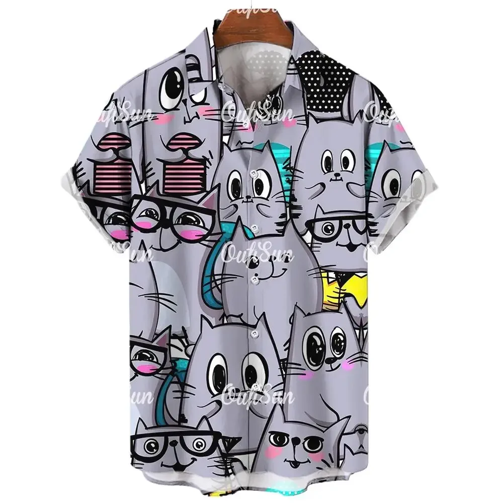 2023 Anime Cartoon Men's Shirt 3D Printed Animal Cat Oversized Casual Short Sleeve Daily Hawaiian Tops Summer Male clothes