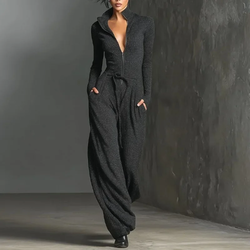 Spring Casual Solid Slim Straight Jumpsuits Woman Elegant V Neck Zip Bodysuit Autumn Long Sleeve High Waist  Sports Outfit