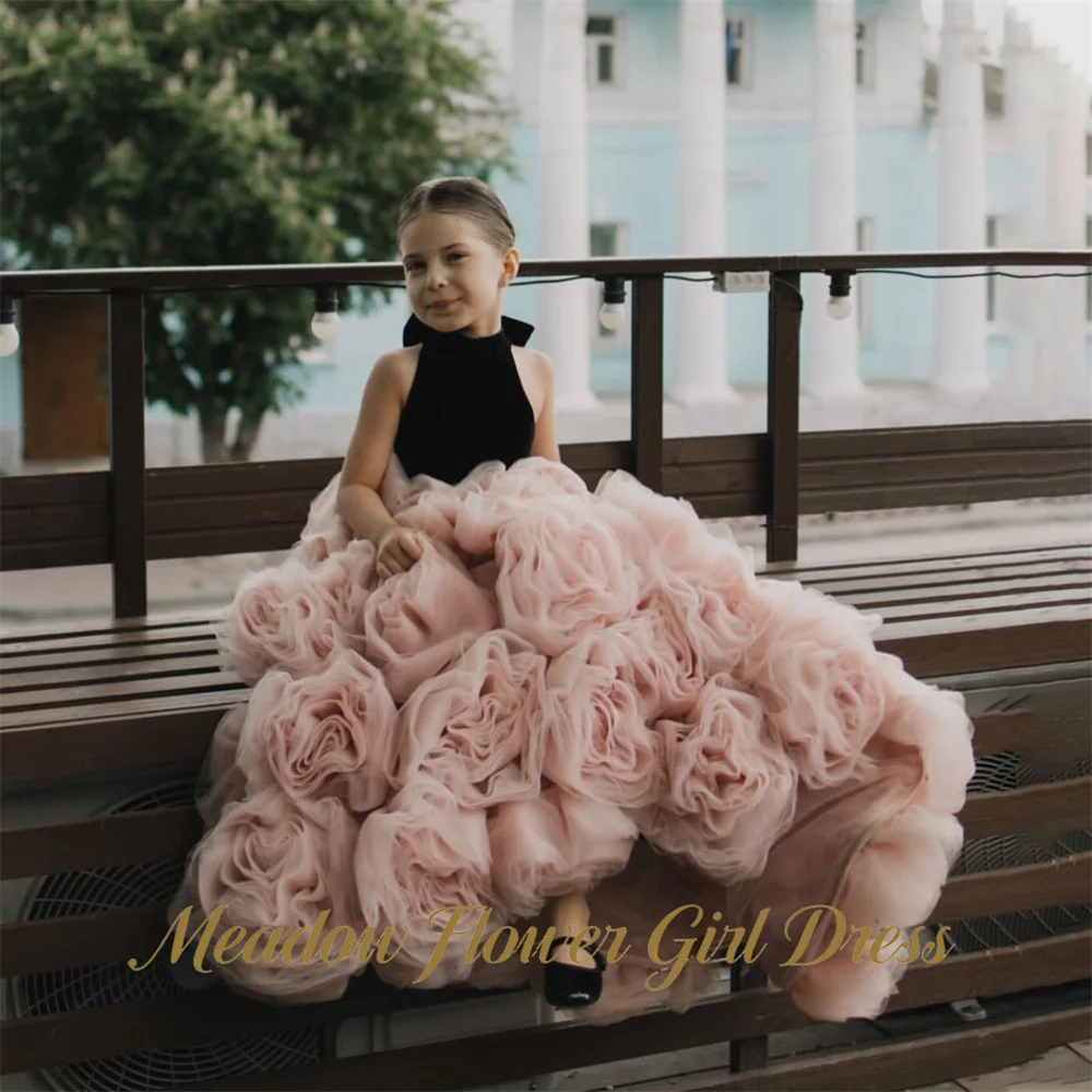 Meadow Black and Dusty Pink Princess Girls Dress Halter Neck Ball Gown Party Tutu Dresses Open Back Luxury Tutu Fluffy Prom Gown