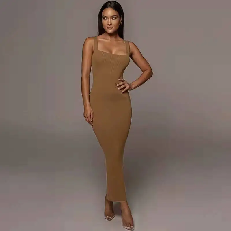 Wide Strap Square Collar Women Evening Skirt Back Slit Backless Party Gown Multiple Colors  Thread Pattern Prom Dress In Stock