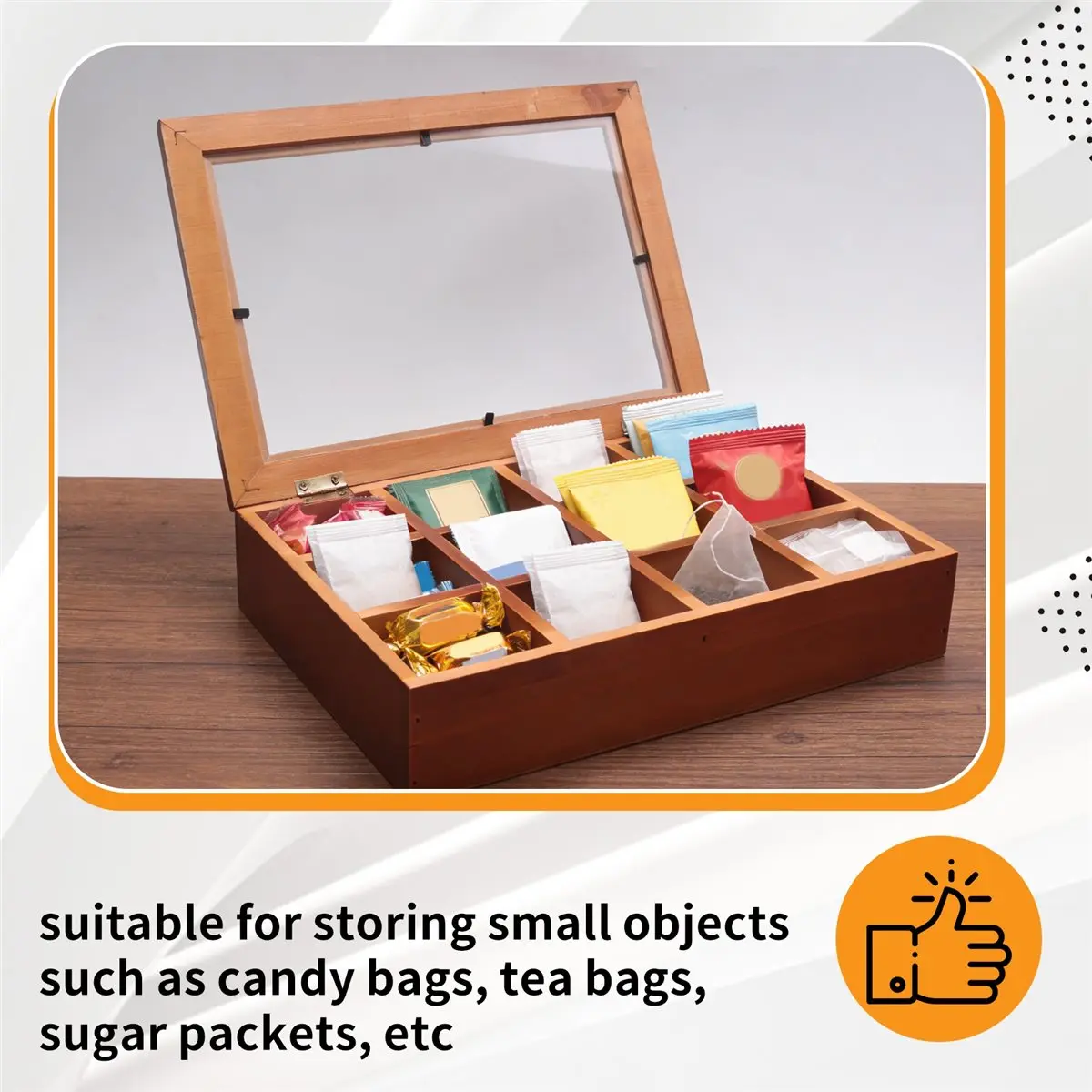 Homegood 12 Grids Wooden Tea Bag Holder Sugar Packets Spice Pouches Storage Case Instant Coffee Bag Boxes with Clear Lid