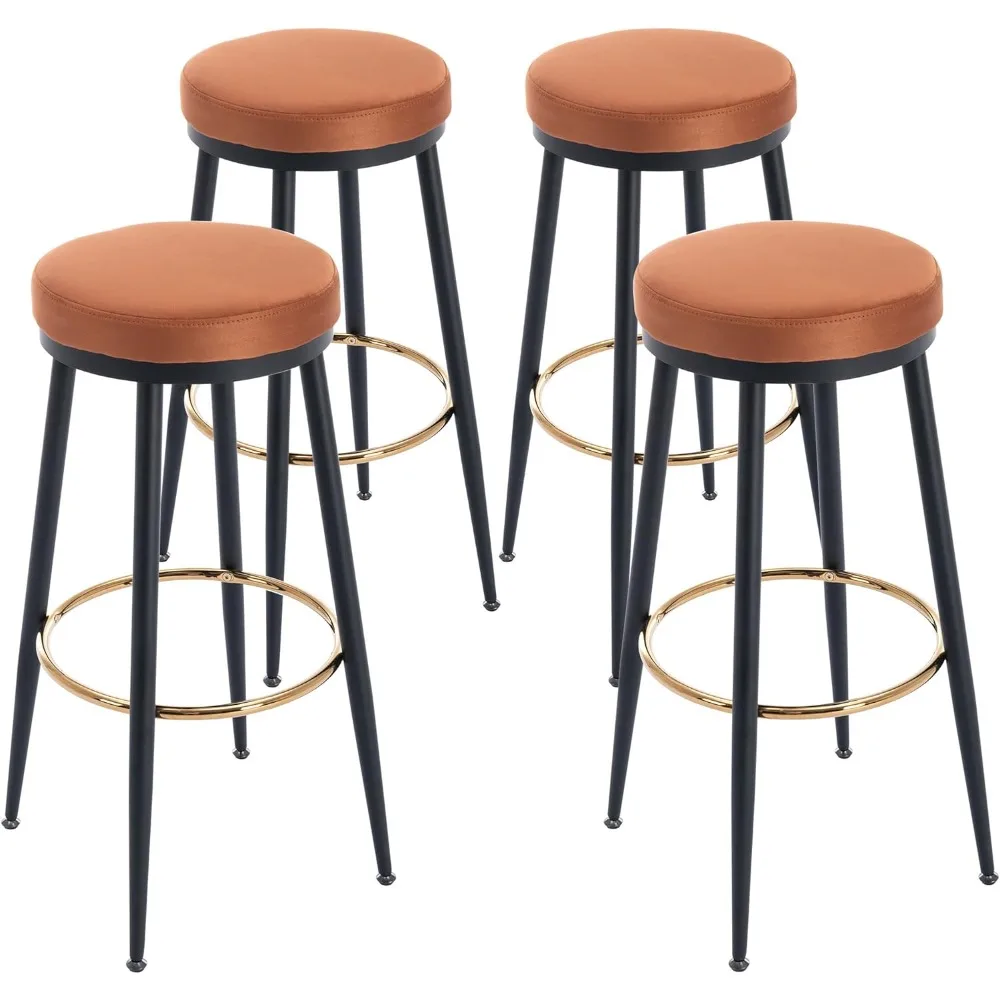 

30" Bar Height Barstools Set of 4 Modern Suede Counter Stool Backless Bar Chair with Black Legs/Gold Footrest for Kitchen Island