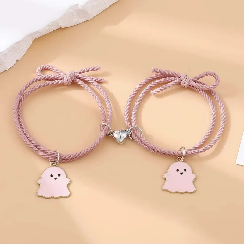 2Pcs/Set Ghost Braided Bracelet for Lovers Long Distance Heart Magnet Couple Bracelets Friendship Fashion Jewelry Gift
