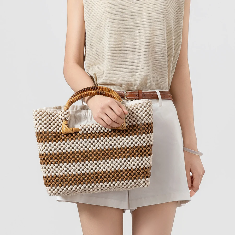 Panelled woven women's bag Large capacity bamboo handle wooden bead handbag summer design beach vacation hollow out clutch purse