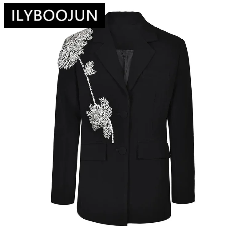 

Women Black RhinestonFlower Big SizBlazer New Lapel Long SleevLoosFit Jacket Fashion Spring Autumn 2024 1DF7614