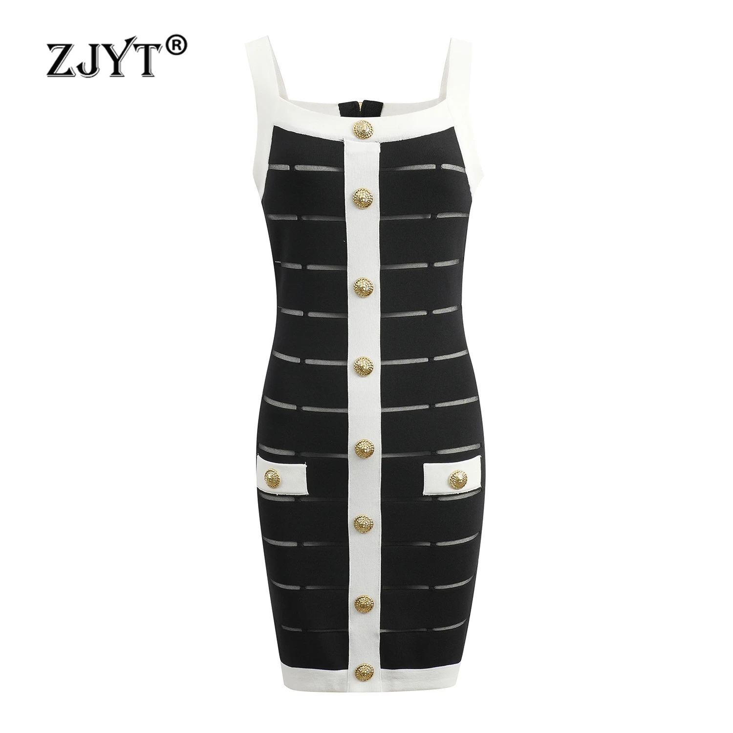 

ZJYT Summer Women's Sweater Knitting Dresses Elegant Sleeveless Striped Buttons Slim Fit Bodycon Dress Short Vestidos Robe Black