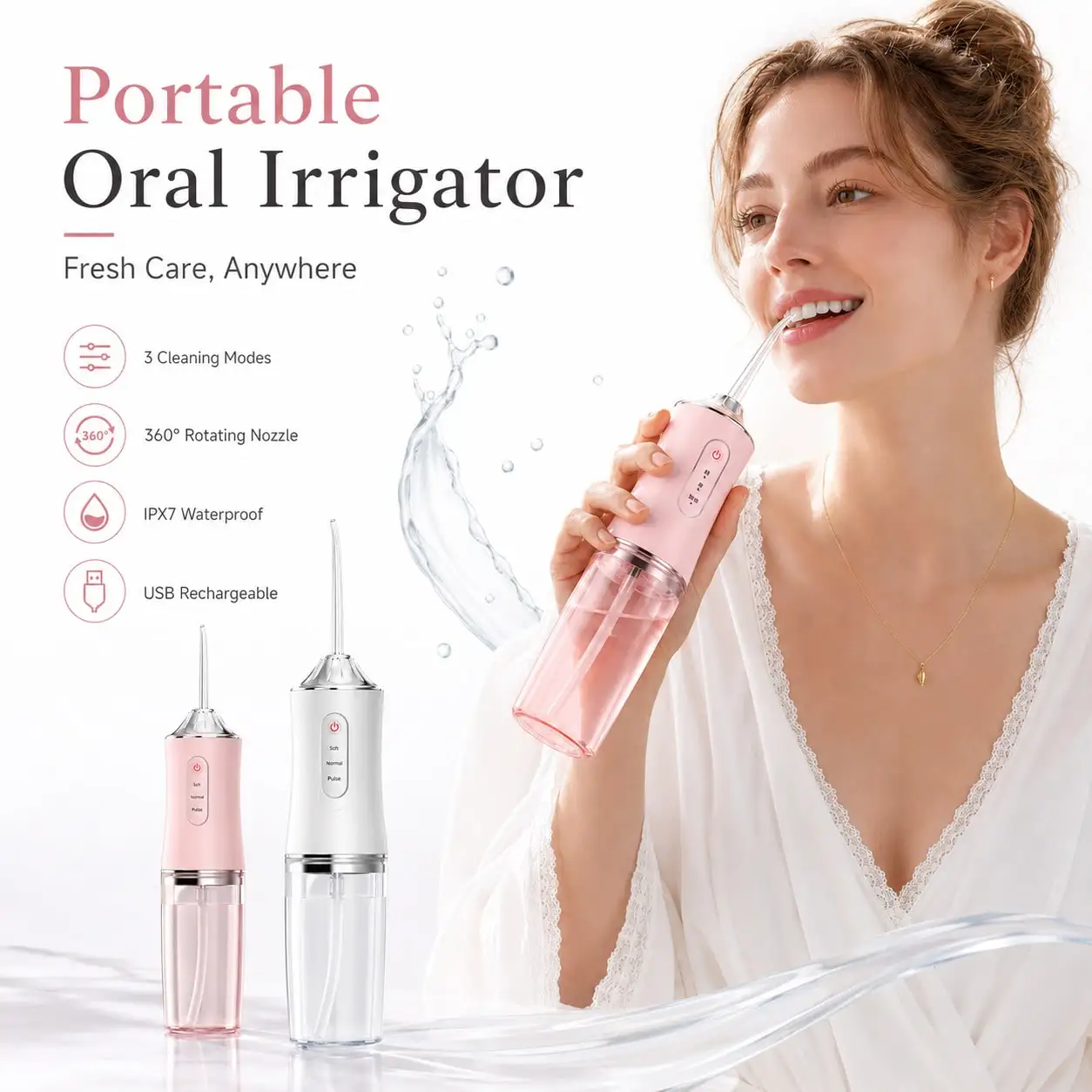 Cordless Water Flosser Rechargeable 1200mAh 3 Modes 4 Nozzles IPX7 Waterproof 230ml Removable Tank Portable for Home Travel Use