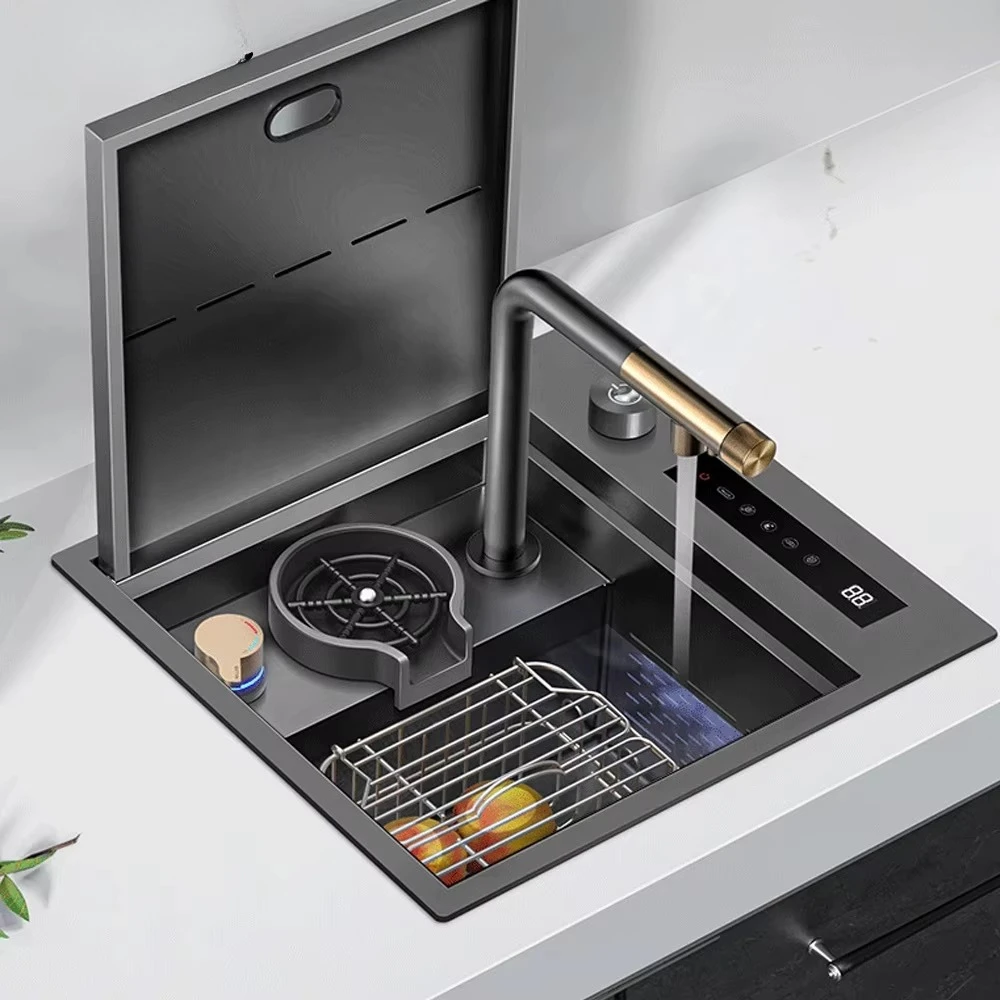 Luxury Black Single Bowl Small Farmhouse Kitchen Sink 304 Stainless Steel Modern Undermount Handmade Yimilla KS4542 Faucet One