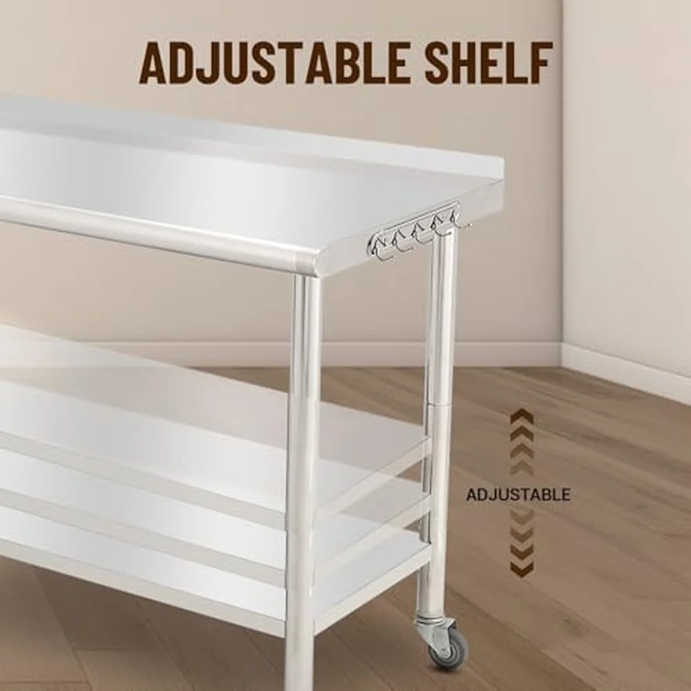 NSF Stainless Steel Prep Table 60x24x35in Arc Edge With Caster Wheels
