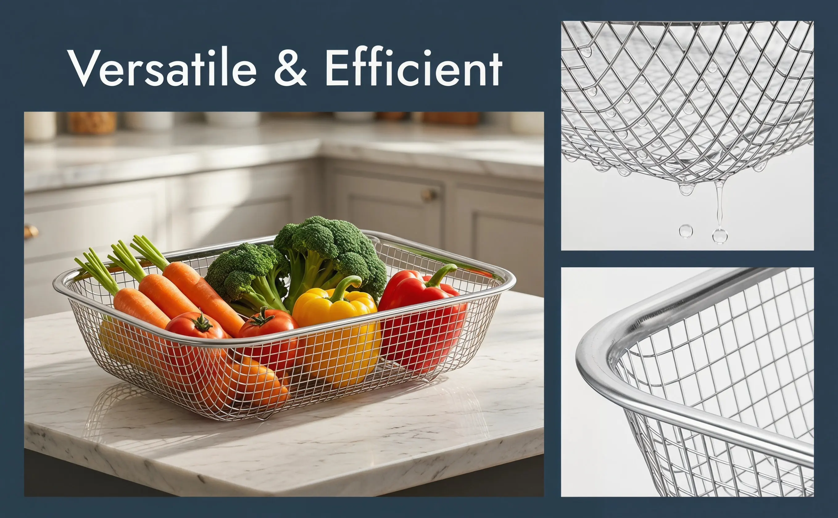 2Pcs Kitchen Drain Basket Stainless Steel Mesh Strainer Rectangular Multi Function Fruit Vegetable Washer Drainer