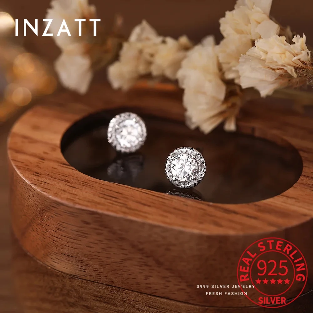 

INZATT Real 925 Sterling Silver Sparkling Zircon Round Mini Stud Earrings for Women Classic Fine Jewelry Luxurious Accessories