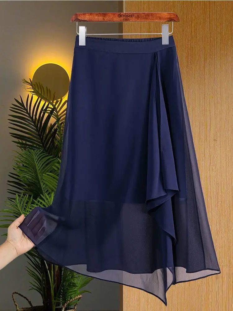 Women's High Waist Chiffon Irregular A-line Skirt Elastic Solid Skirt Pleated Long High Quality Skirts  Spring Summer New D314