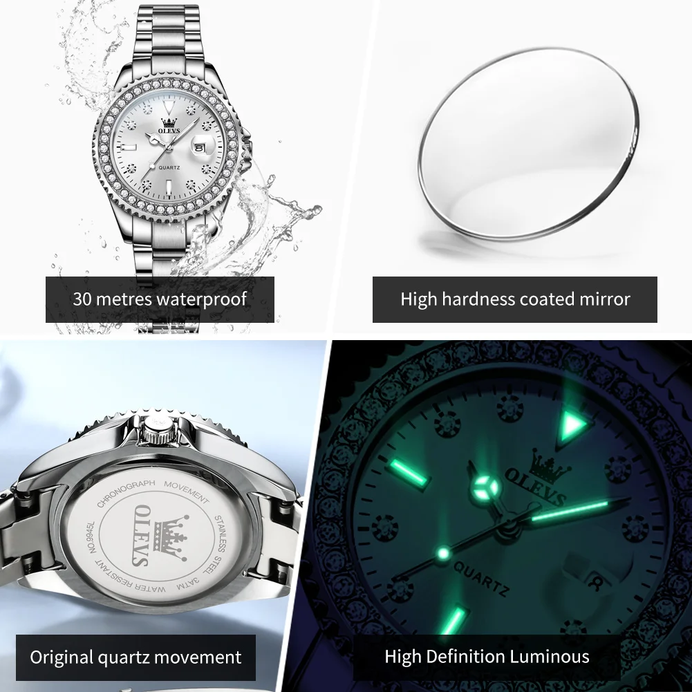 OLEVS 9945 Womens Watch Top Brand Original Quartz Watch Luxury Bezel Diamond Wristwatch Waterproof Enlarge Date Gift Reloj Mujer