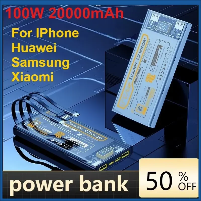 100W 20000mAh Power Bank for IPhone Huawei Samsung Xiaomi Transparent Mecha Comes with Three Lines Portable Power Station