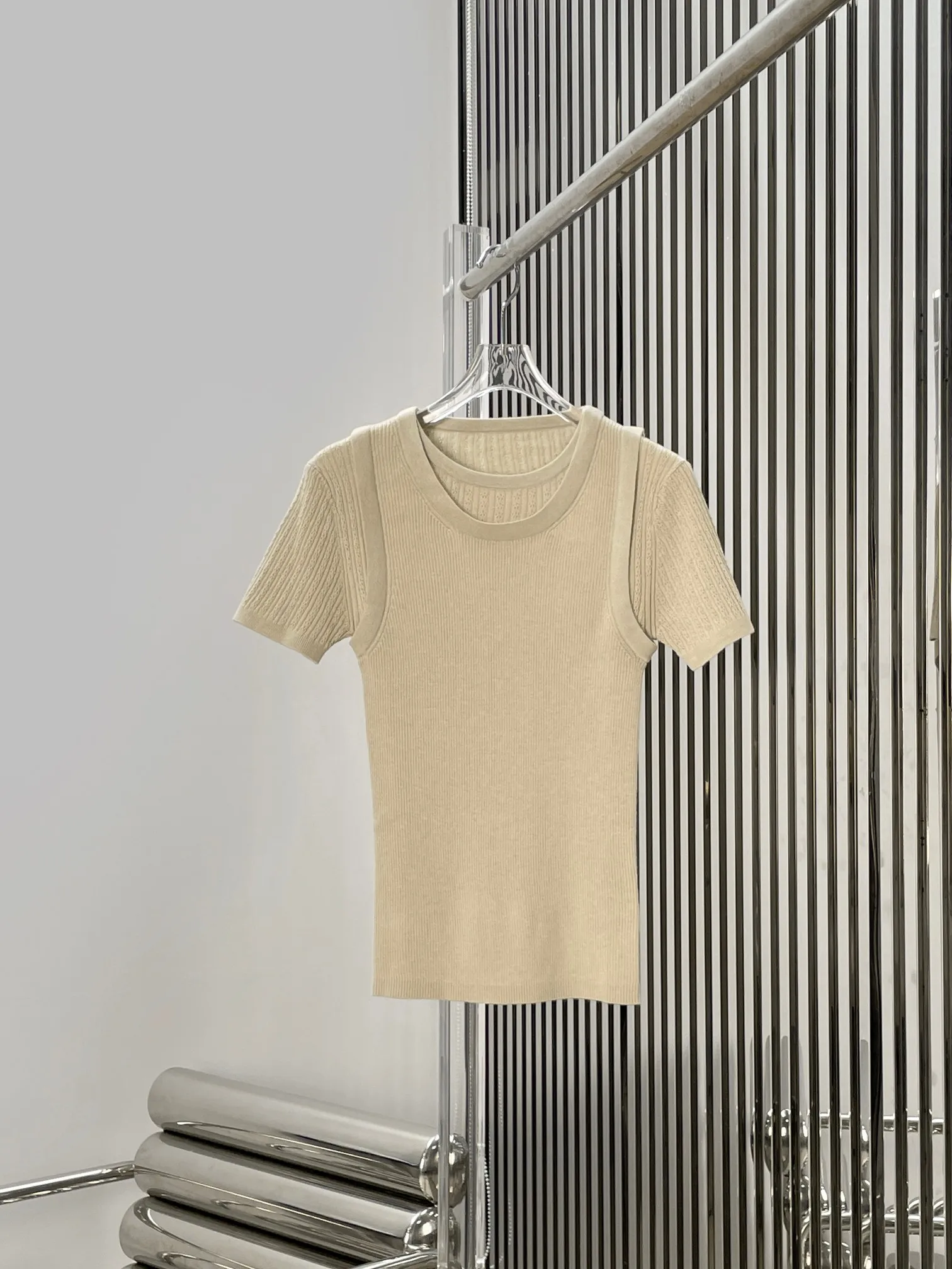 

Slim Fit Short Sleeve round Neck Knitted Sweater Fake Two-Piece Style Versatile Casual Sweet-looking Commute Style Women's Fa...