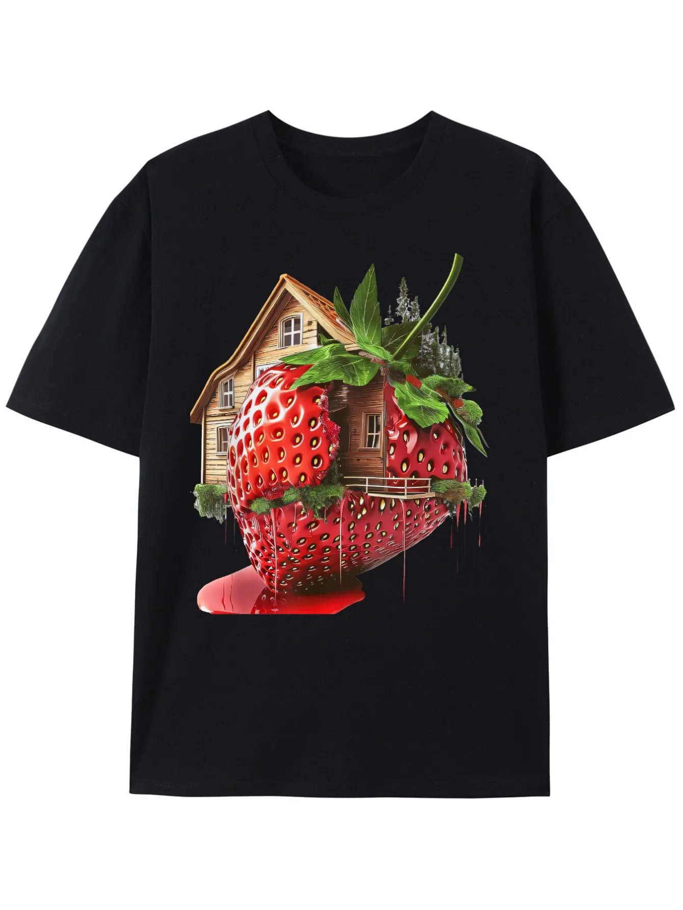 

Men's Black T-Shirt with a Strawberry House Pattern, Cute Cartoon Design, Short Sleeves, Round Neck, Regular Fit, Casual Wear, Perfect for Adults, Ideal for Casual Wear, Fun Graphic T-Shirt, Comfortable Fit
