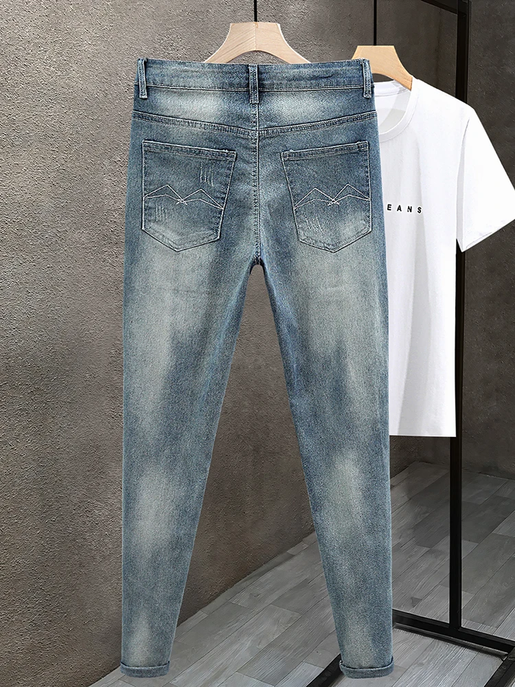 

Летние тонкие джинсы с талией в стиле ретро, мужские облегающие длинные брюки с девятью точками, корейская версия, модные джинсы, молодежная повседневная одежда