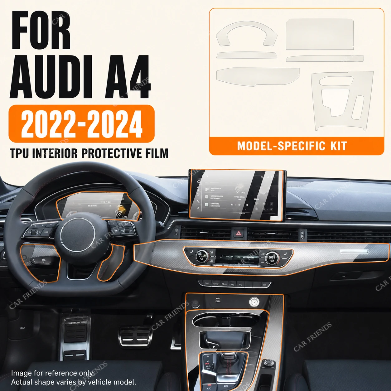 For Audi A4 B9 2022-2024 Transparent TPU Interior Protective Film Dashboard Screen Center Console Armrest Door Handle Gear Panel