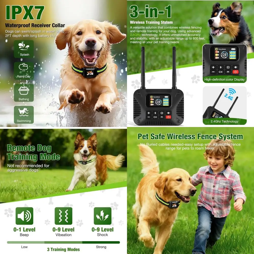 

Pet Smart Wireless Dog Fence Collar for 3 Dogs 2.4GHz Electric Dog Fence Portable Waterproof Rechargeable Pet Training Collars (