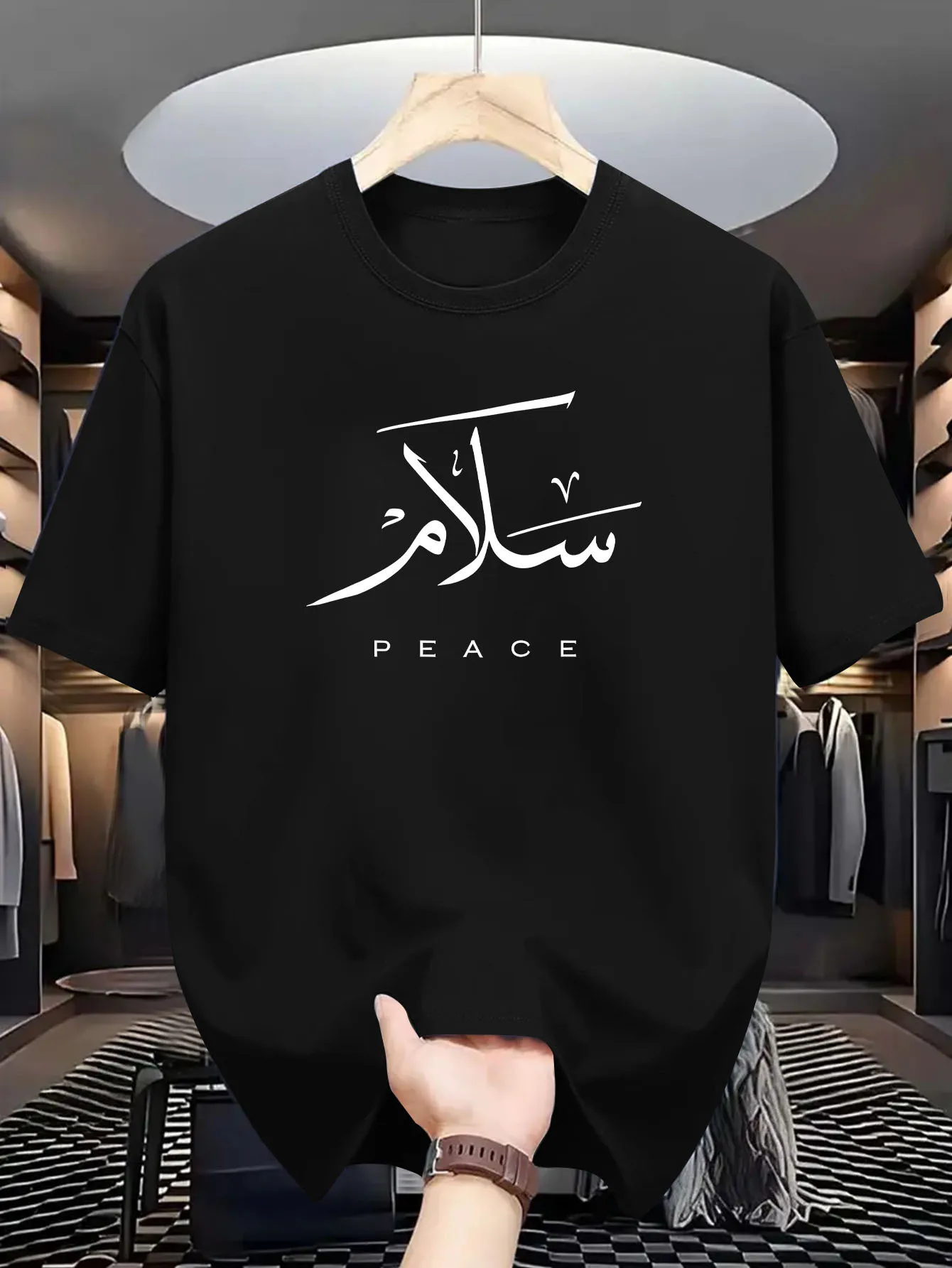

MenS Navy Blue Casual T-Shirt with Arabic Calligraphy Salam and Peace Design Short Sleeve Round Neck Lightweight and Breathable